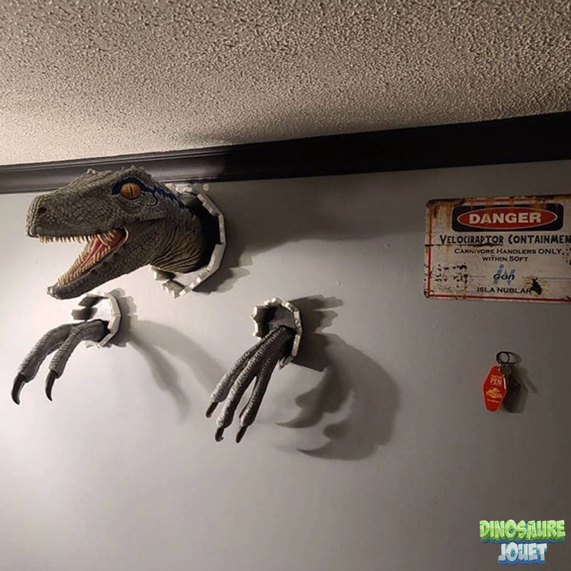 Tête de dinosaure Vélociraptor avec doigts et griffes déco murale en 3D